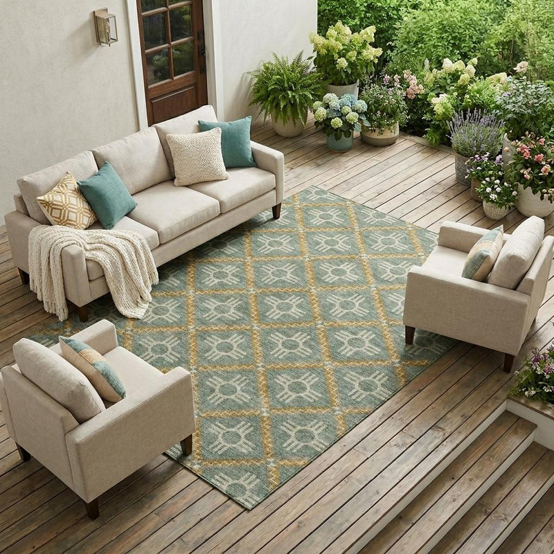 Outdoor patio area rug, teal-green with gold diamond grid and cream motifs, wide view