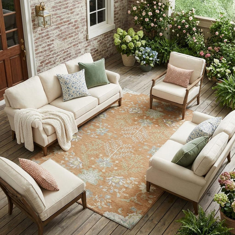 Copper tan oriental area rug with ivory floral motifs and light blue highlights in living room