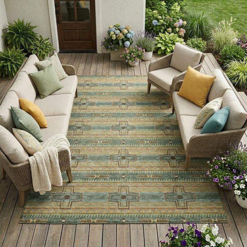 Turquoise, green, and beige tribal patterned area rug in rectangular view