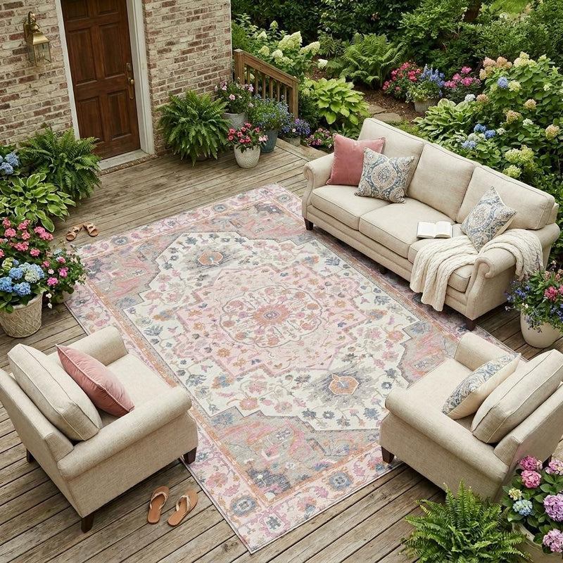 Pink and gray oriental area rug on outdoor patio with floral garden planters