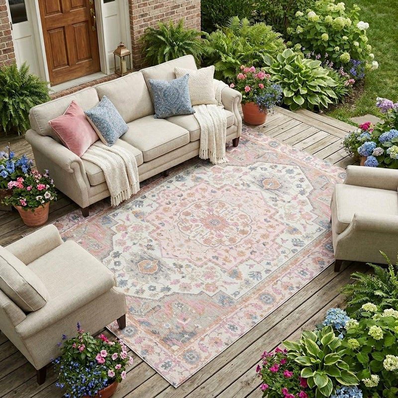 Pastel oriental area rug with pink and gray medallion design laid on outdoor flooring
