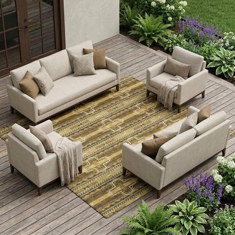 Outdoor tribal area rug with geometric cross pattern on a wood deck