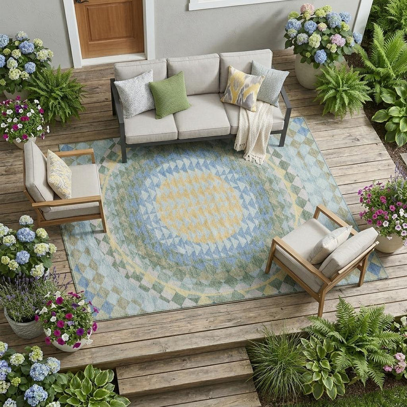 Geometric area rug in a patio setting, featuring a circular chevron medallion in blue