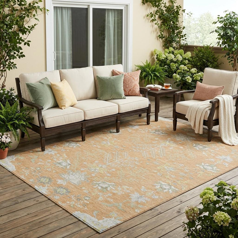 Peach and ivory oriental outdoor area rug with ornate floral pattern on patio