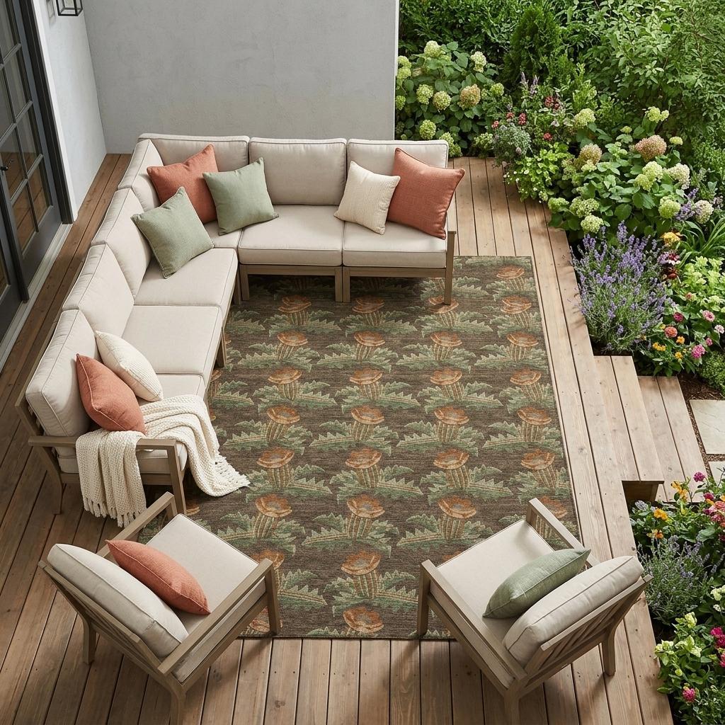 10' X 14' Chocolate And Graphite Floral Washable Indoor Outdoor Area Rug - Sports & Outdoor