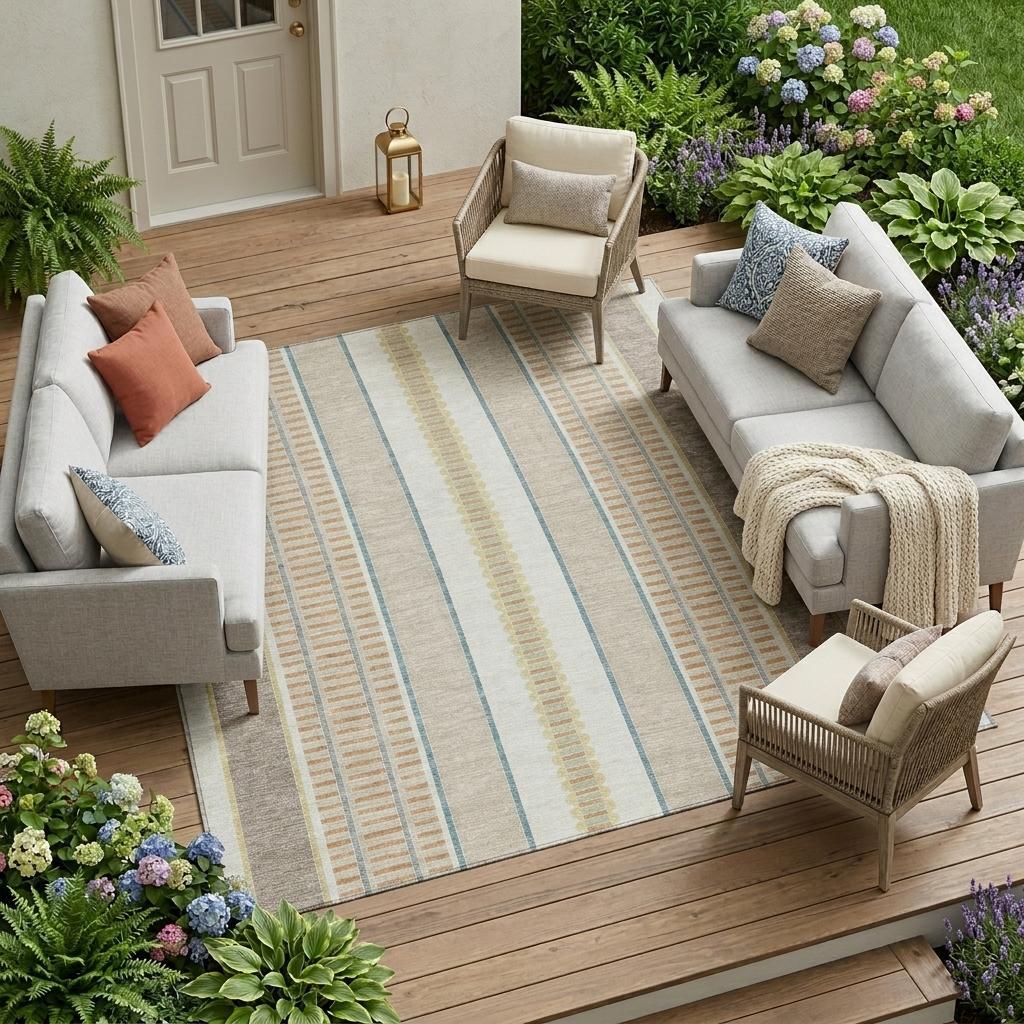 10' X 14' Ivory And Fern Green Striped Washable Indoor Outdoor Area Rug - Sports & Outdoor