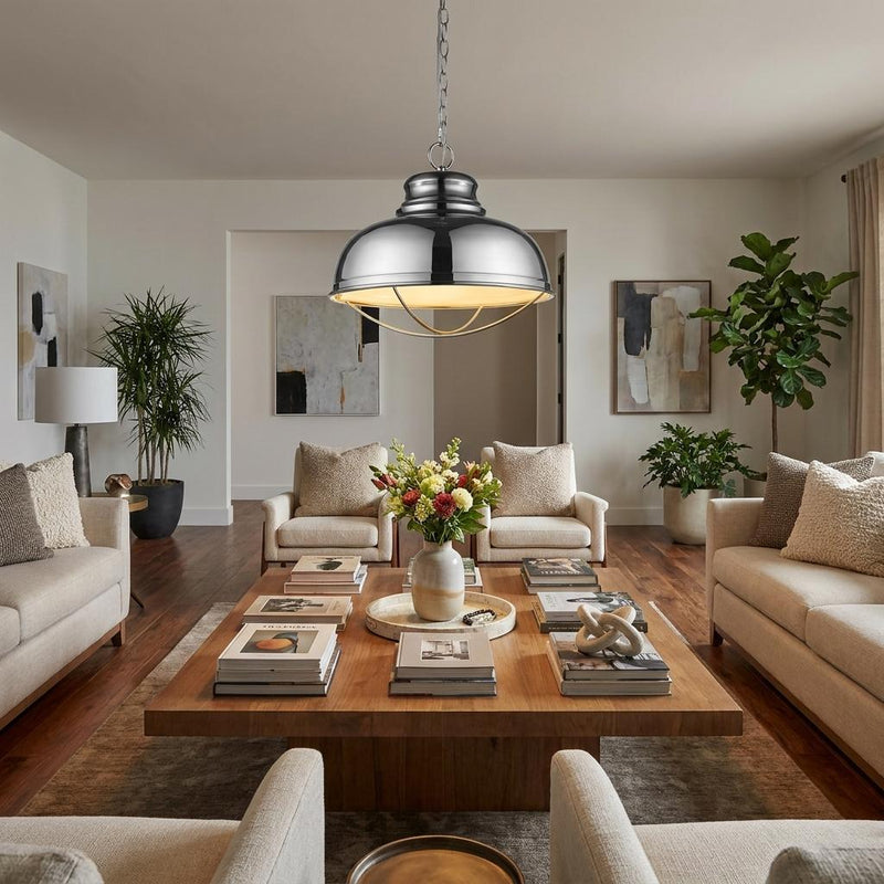 Ansen 1-Light Polished Nickel Pendant With Gloss White Interior Shade - Lighting