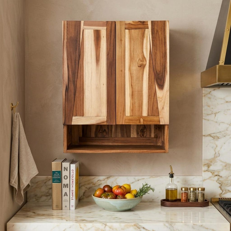 Wall-mounted teak wood accent cabinet with open shelf and two paneled doors