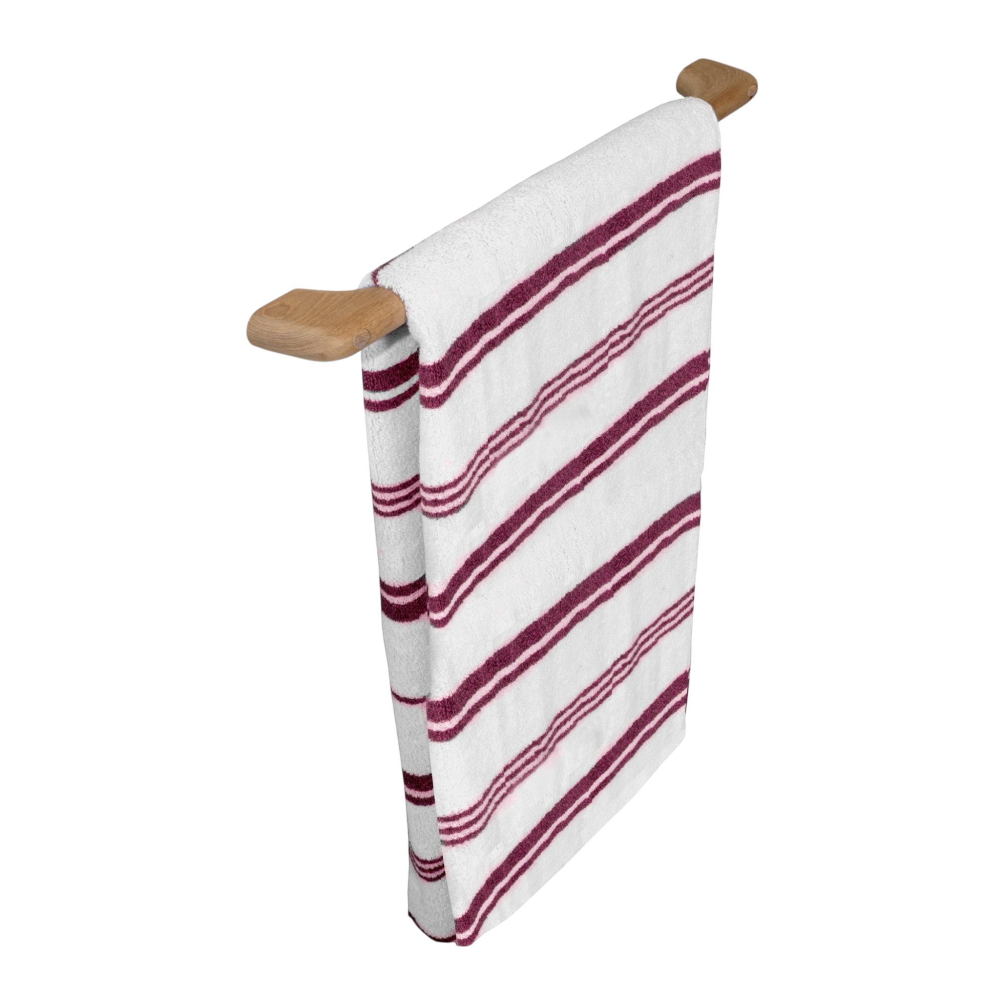 Teak towel bar with white towel featuring burgundy horizontal stripes