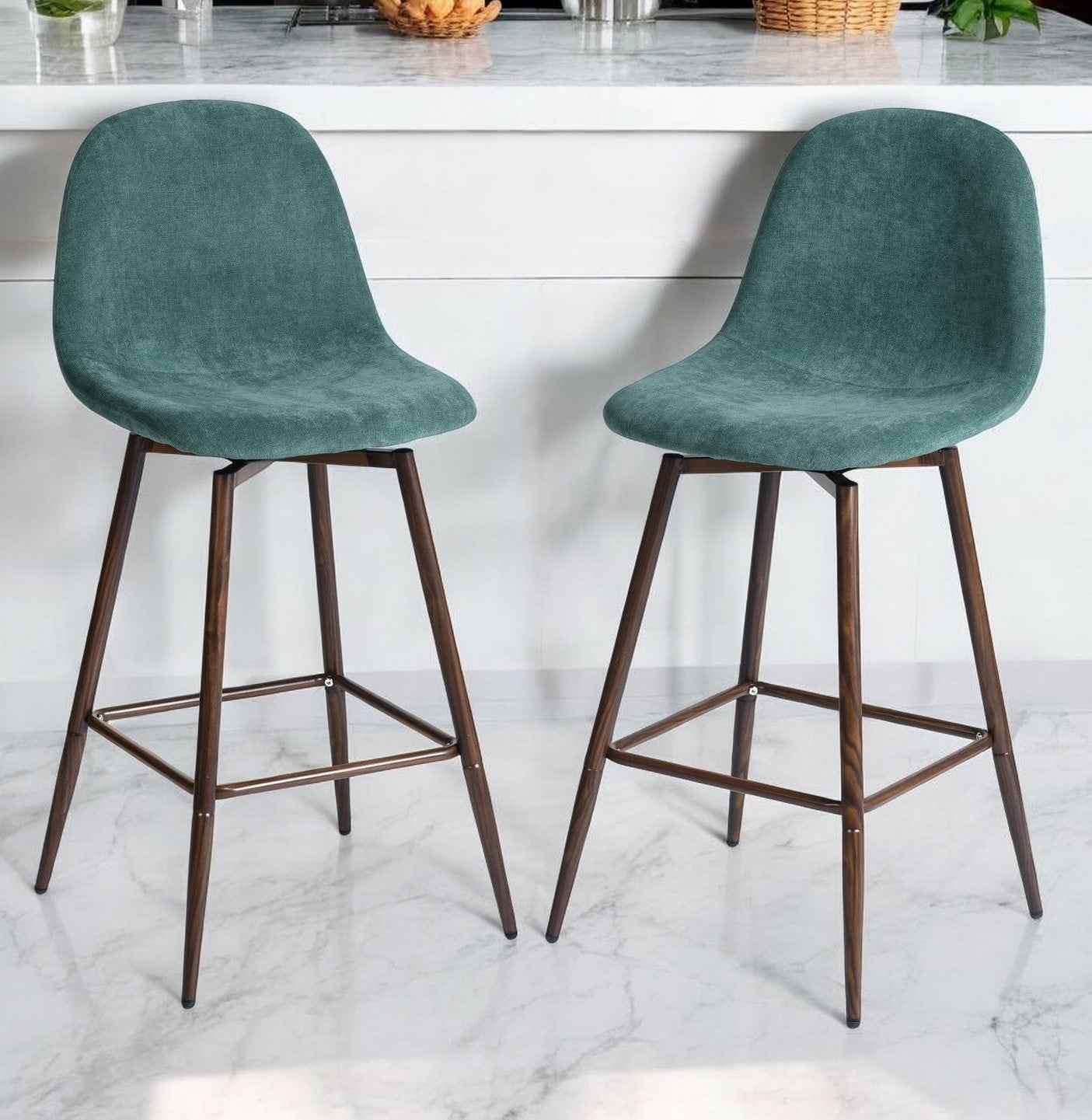 Set of Two 26" Green And Brown Velvet And Steel Counter Height Bar Chairs