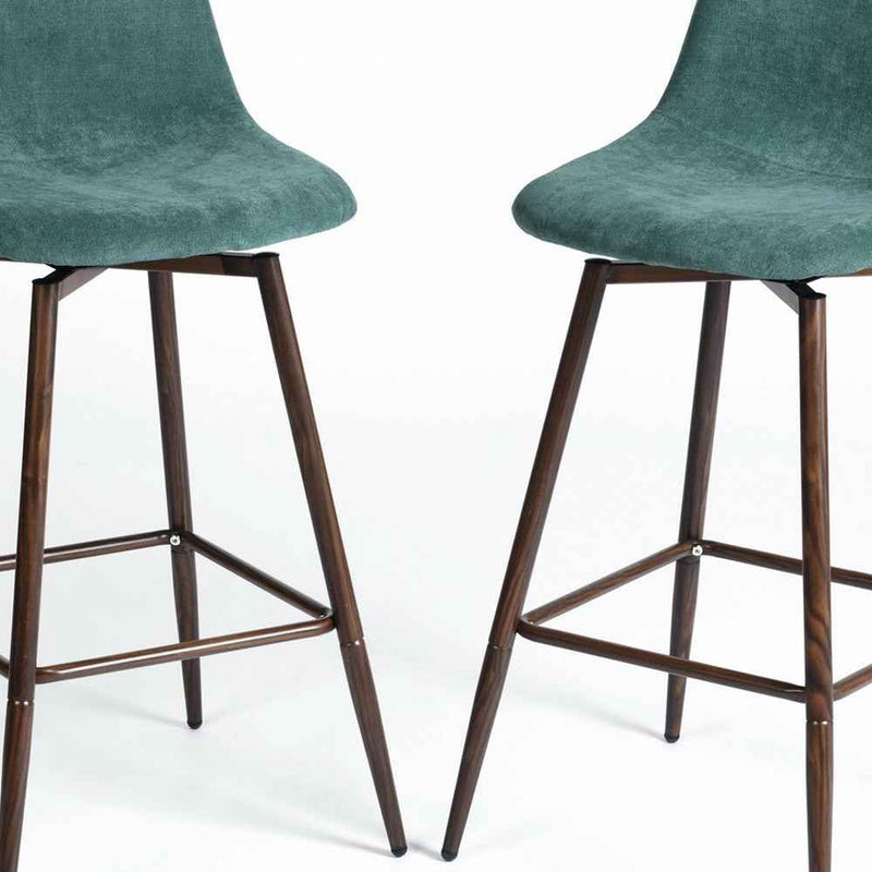 Set of Two 26" Green And Brown Velvet And Steel Counter Height Bar Chairs