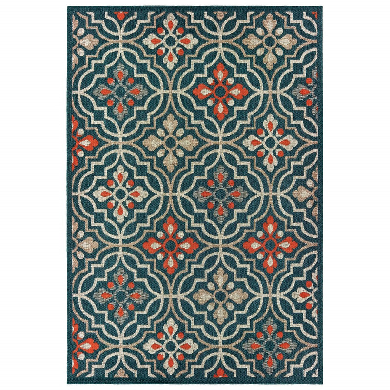 Moroccan indoor outdoor rug with teal-blue background, cream outlines, and orange flowers