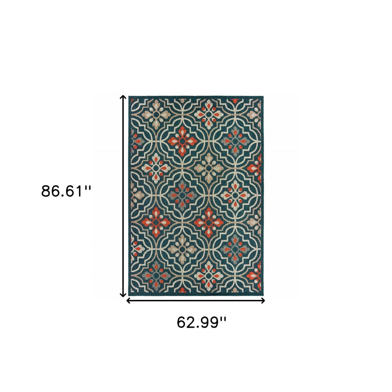 5x7 rug dimensions graphic; teal-blue Moroccan pattern with orange and cream motifs