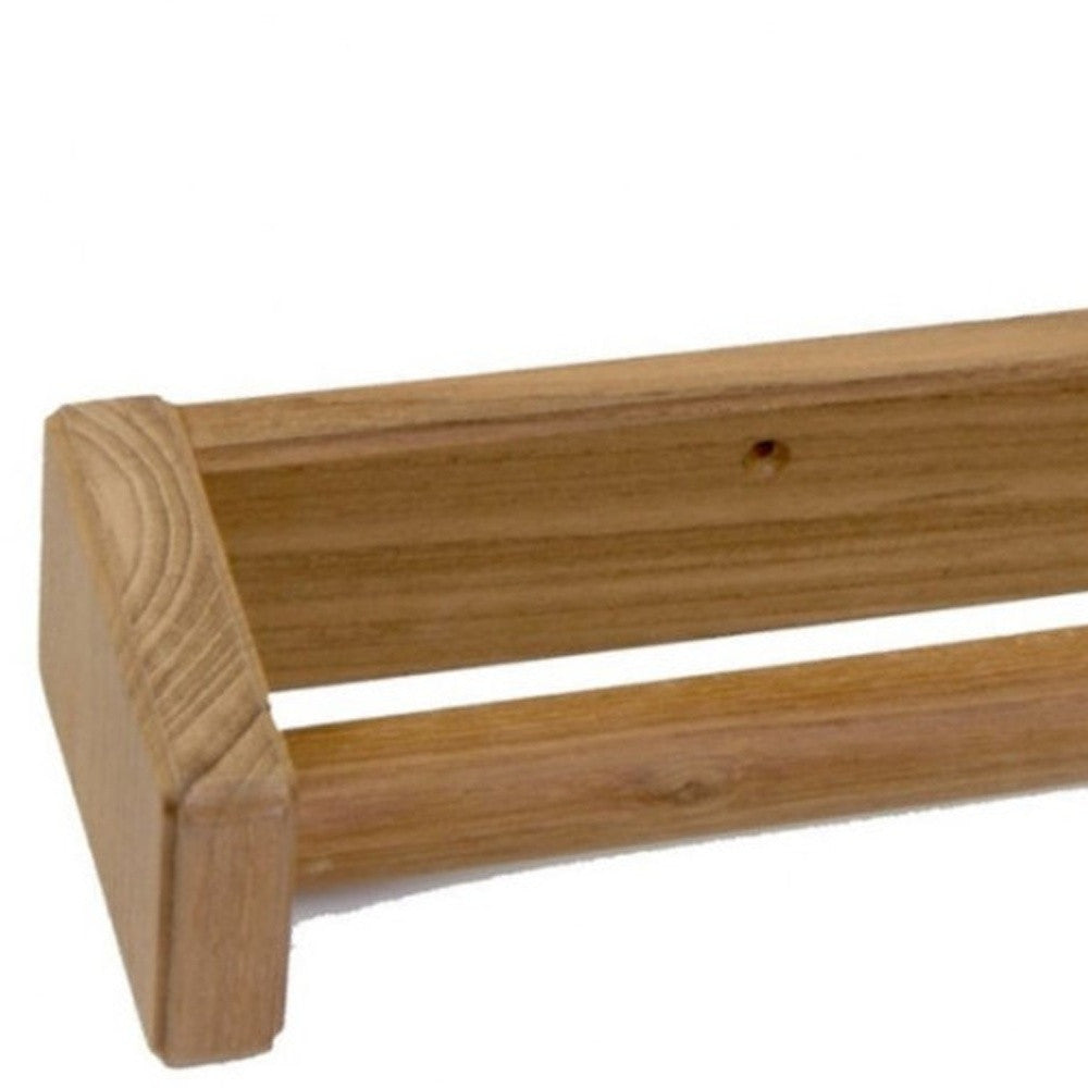 Teak towel bar with rounded ends, solid wood bar detail