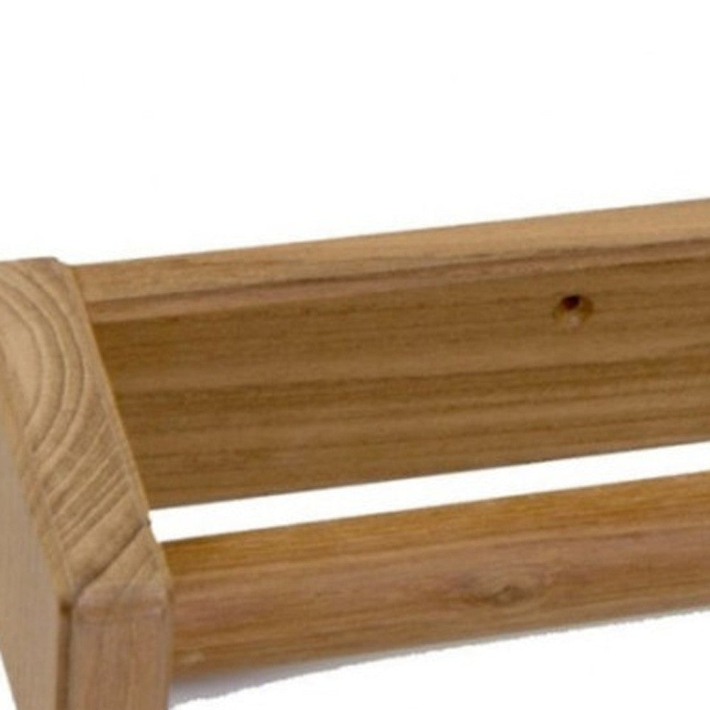 Teak towel bar close-up of the rod and mounting end bracket