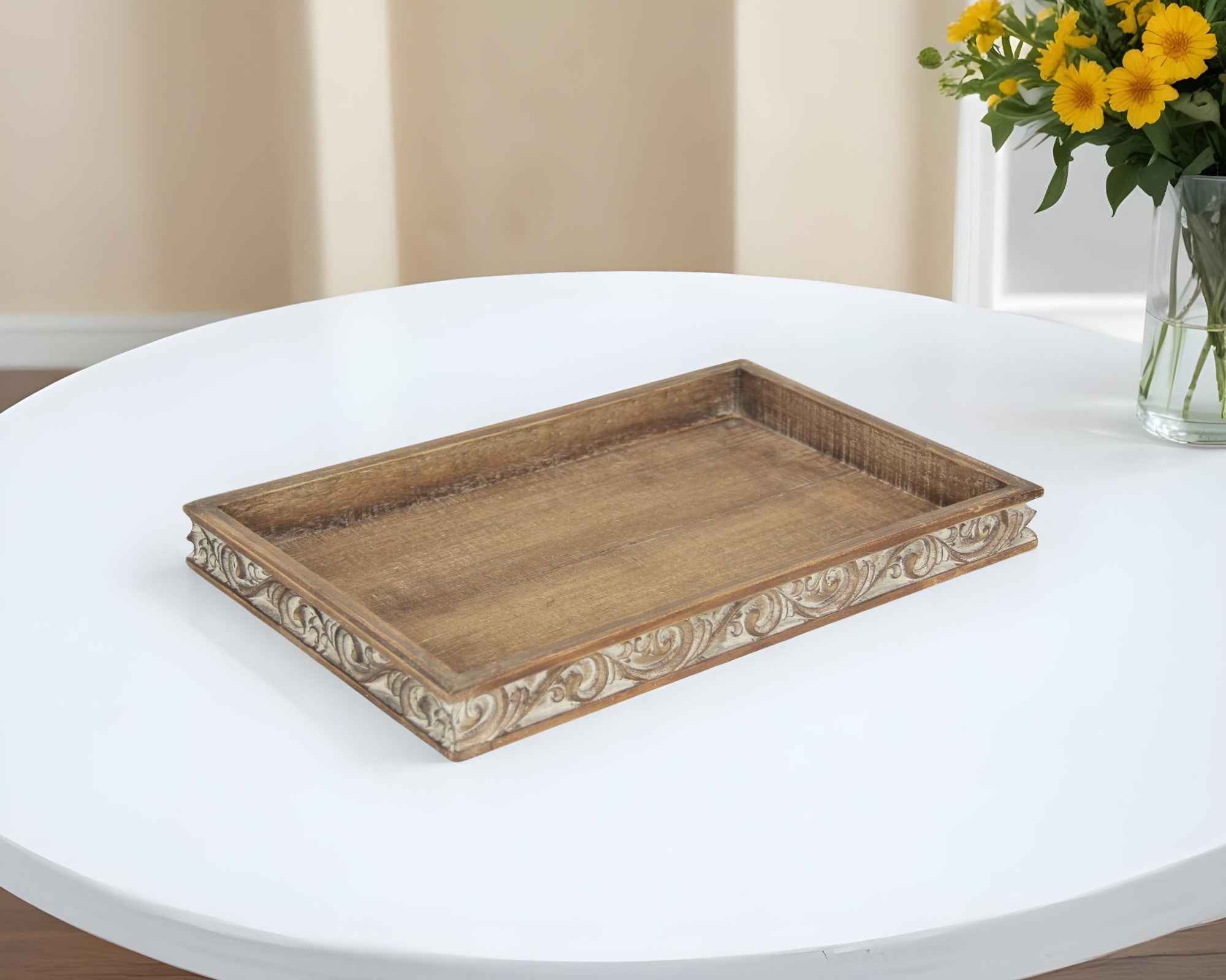 17" Brown Distressed Finish Wood Tray With Side Carvings