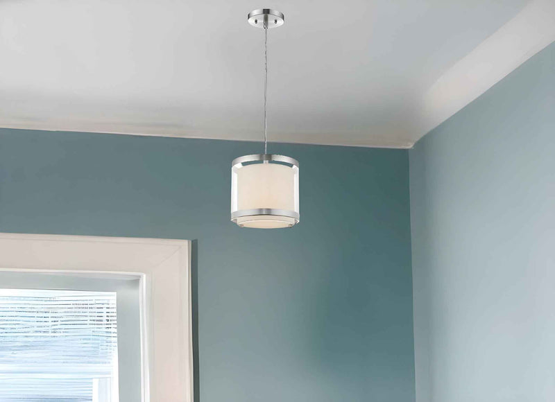 White and Silver Hanging Light with Fabric Shade