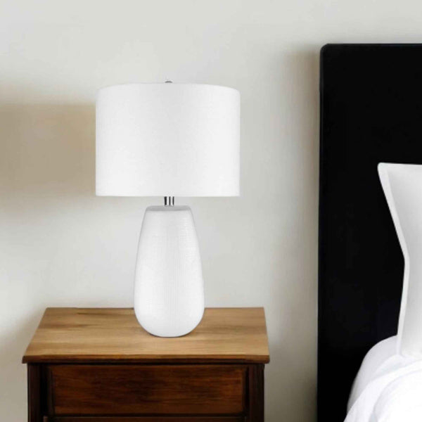 28" White Glass Table Lamp With White Drum Shade