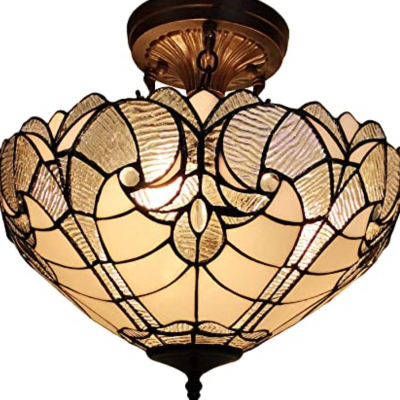 Yellow and Brown Two Light Tiffany Style Semi Flush Dimmable Ceiling Light - Lighting
