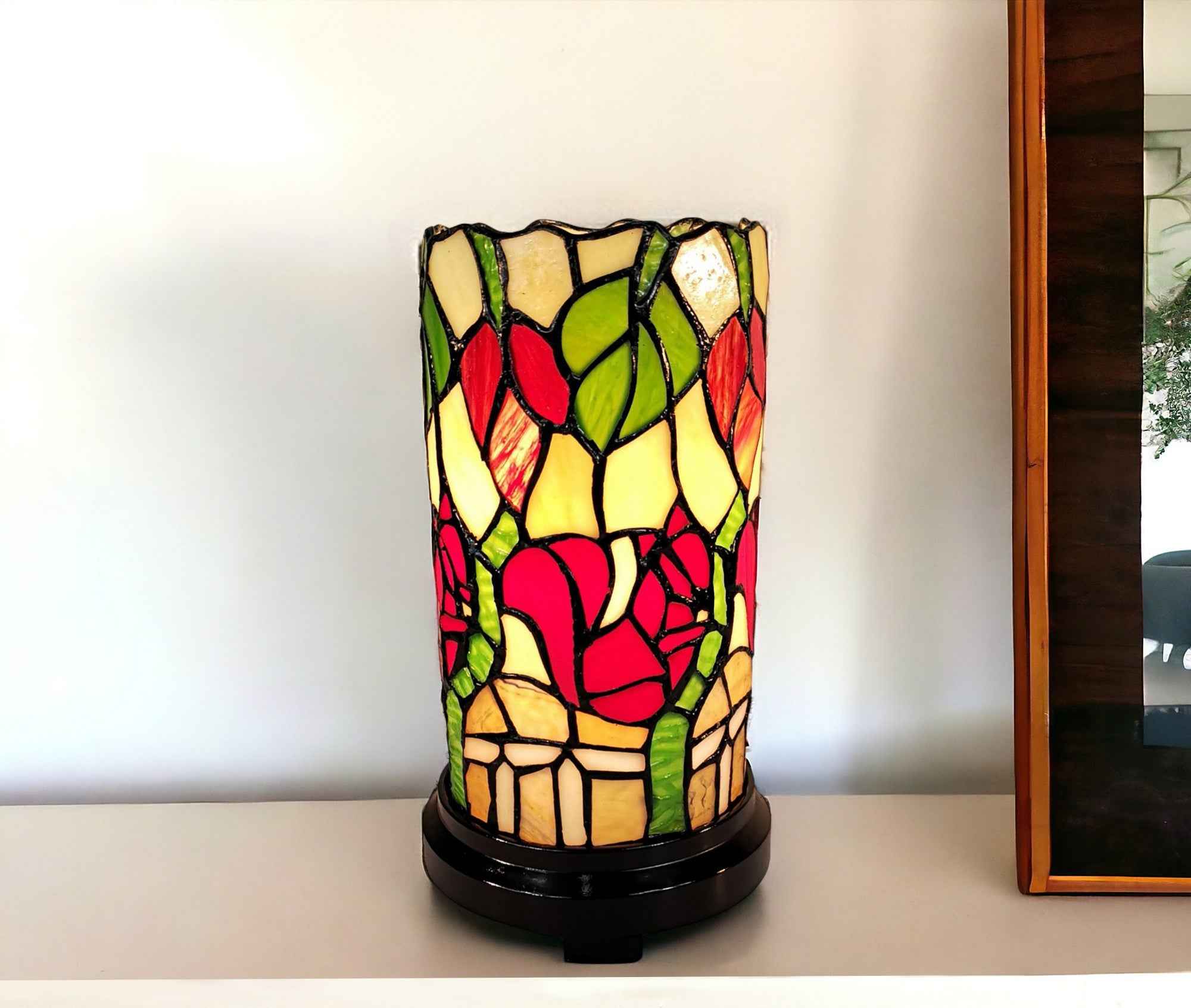 14" Red Green and Black Floral Stained Glass Accent Lamp