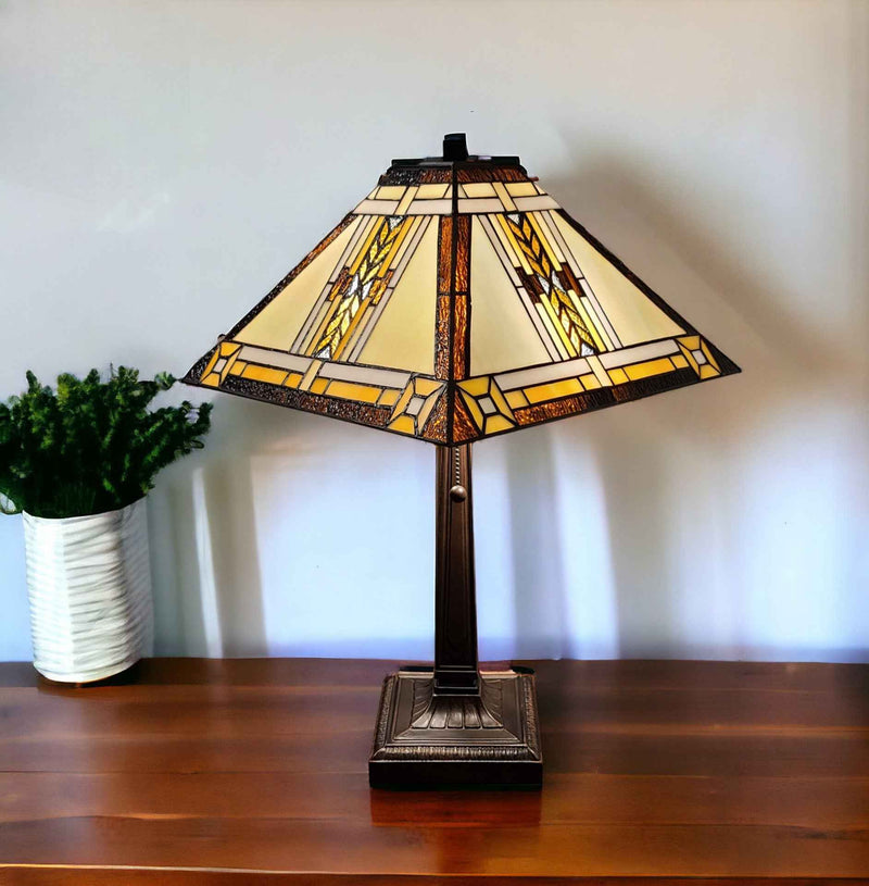 22" Dark Brown Metal Two Light Candlestick Table Lamp With Beige Shade