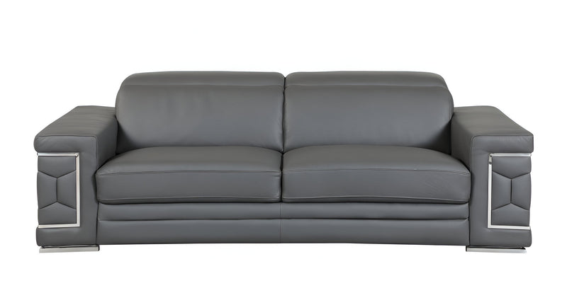 89" Dark Gray Italian Leather Sofa With Silver Legs - Living Room