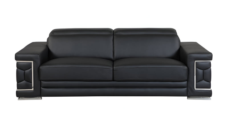 89" Black Italian Leather Sofa With Silver Legs - Living Room