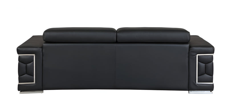 89" Black Italian Leather Sofa With Silver Legs - Living Room