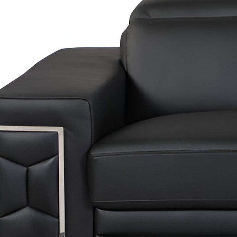 89" Black Italian Leather Sofa With Silver Legs - Living Room