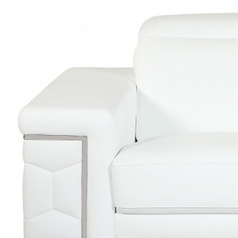 71" White Italian Leather Sofa With Silver Legs - Living Room