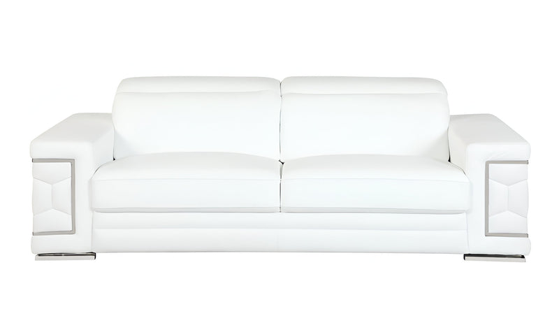 89" White Italian Leather Sofa With Silver Legs - Living Room