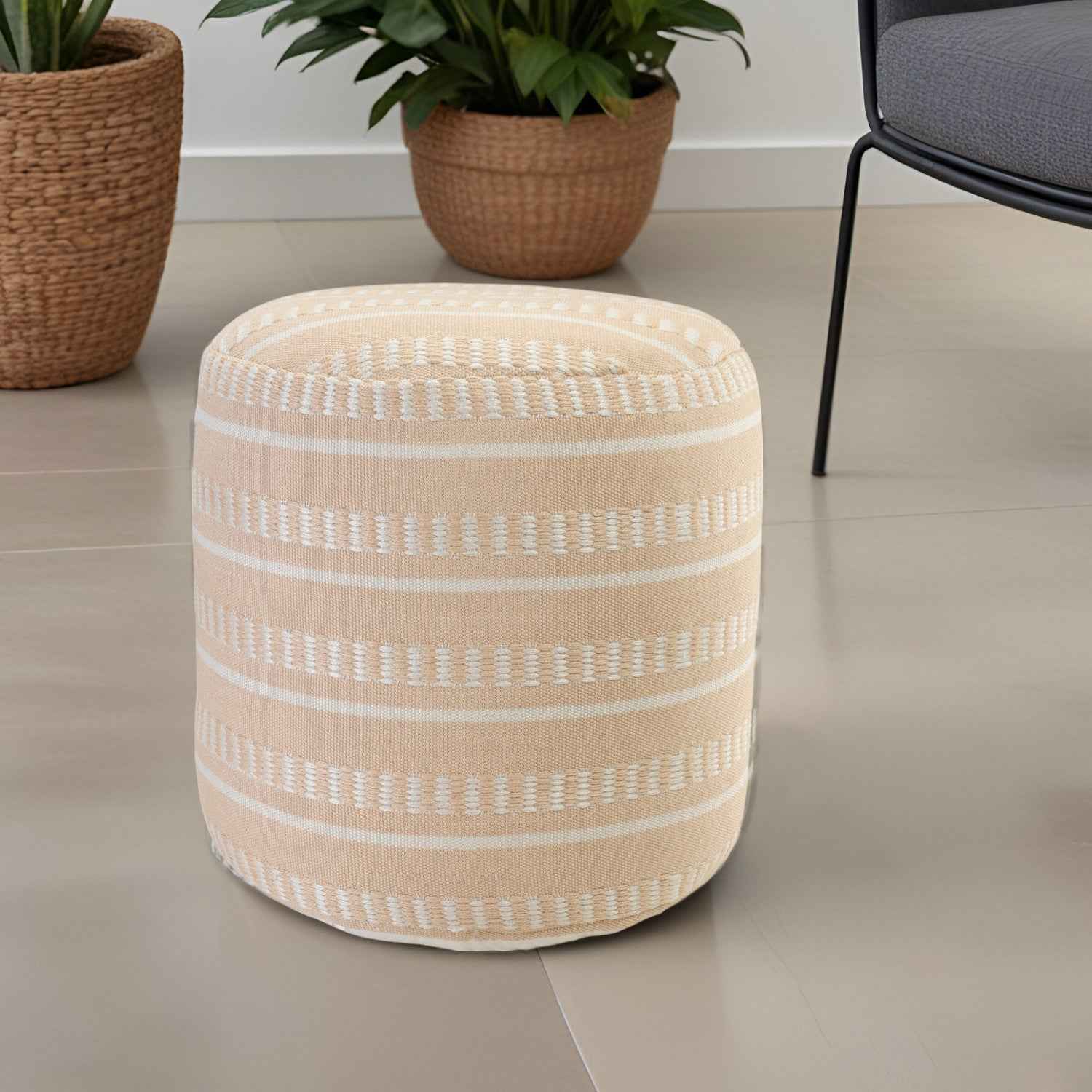 20" Orange Polyester Round Striped Indoor Outdoor Pouf Ottoman