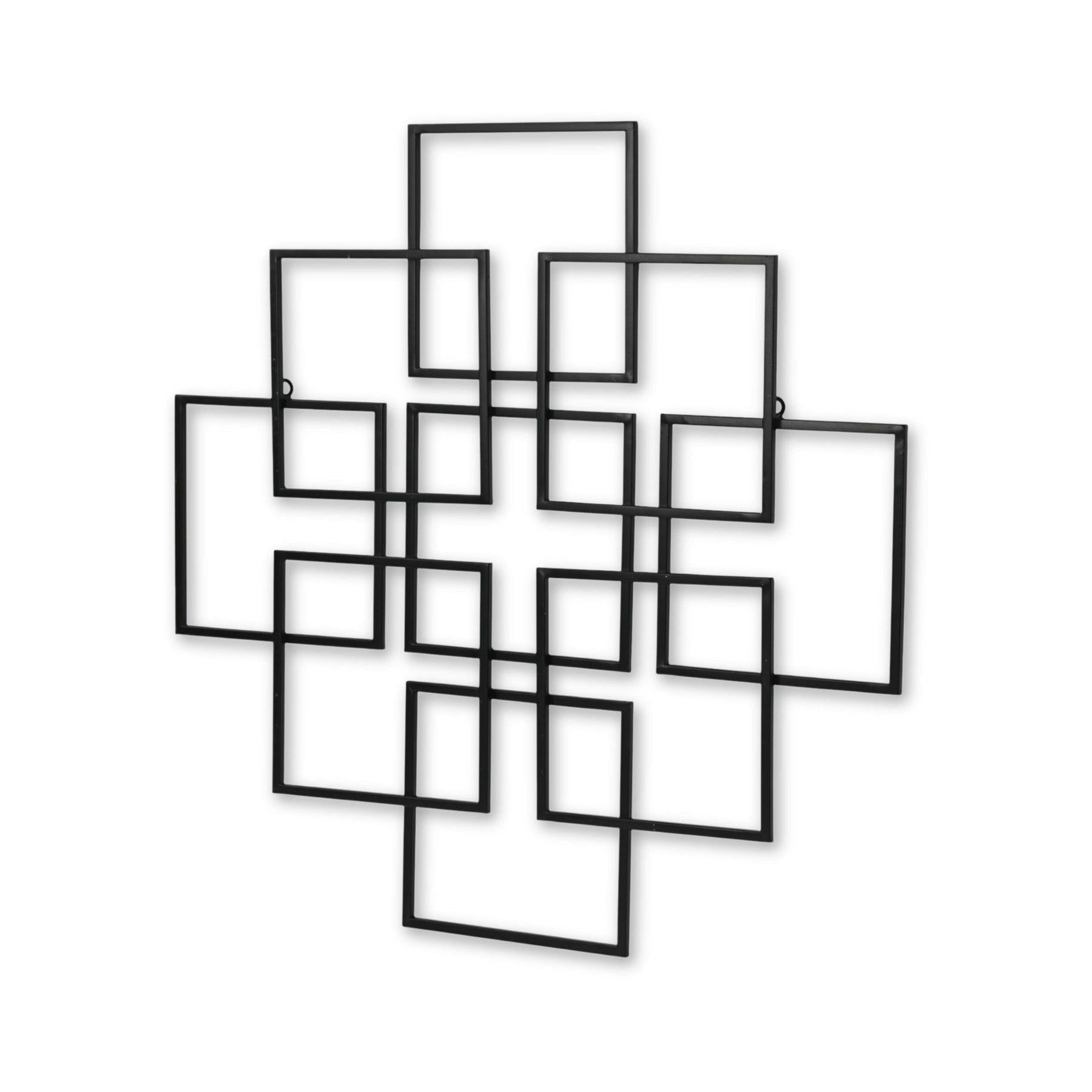 Black metal wall-mounted photo frame collage in a modern geometric design, perfect for displaying multiple pictures.