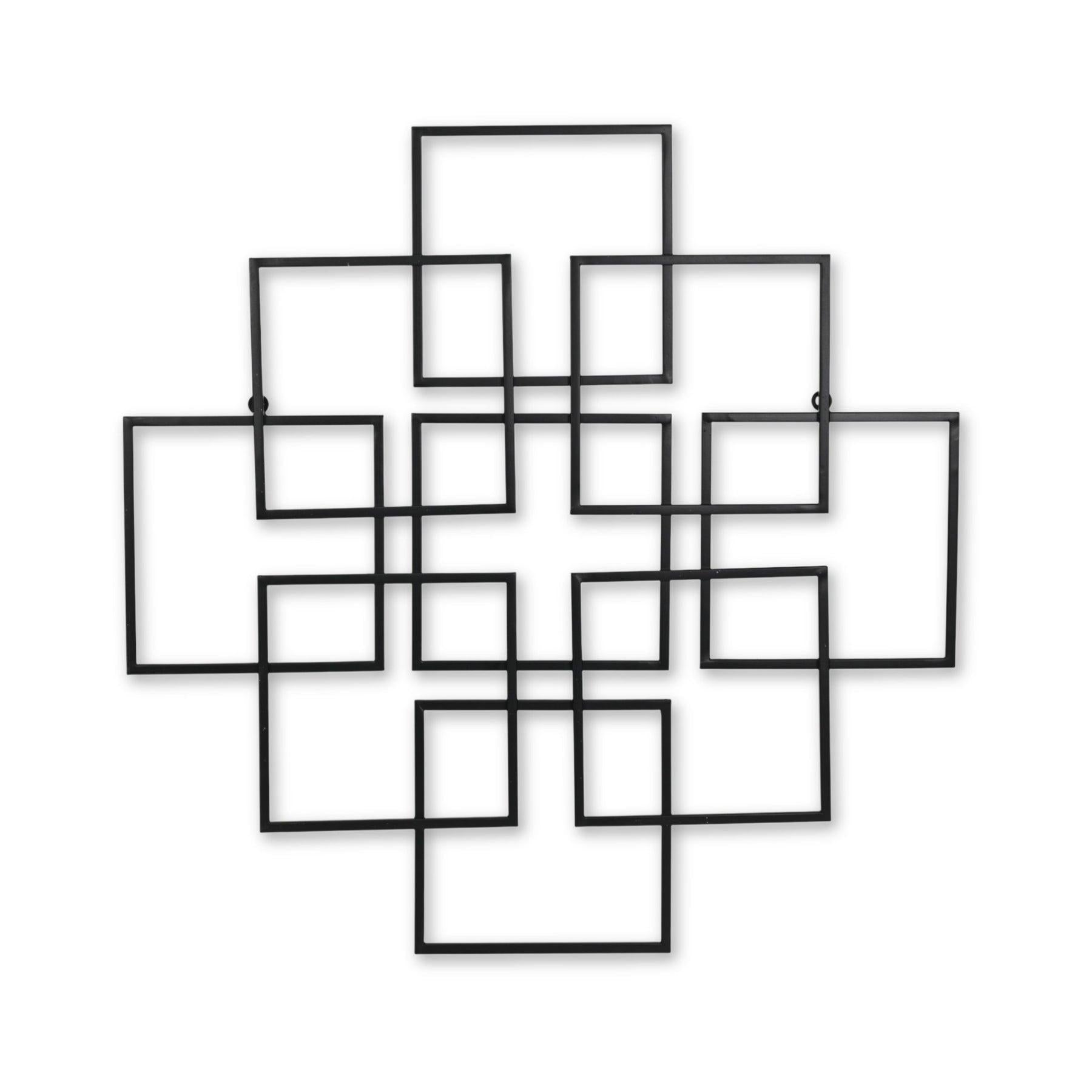 Black metal wall art consisting of an abstract geometric design with multiple square frames. Perfect for modern decor.