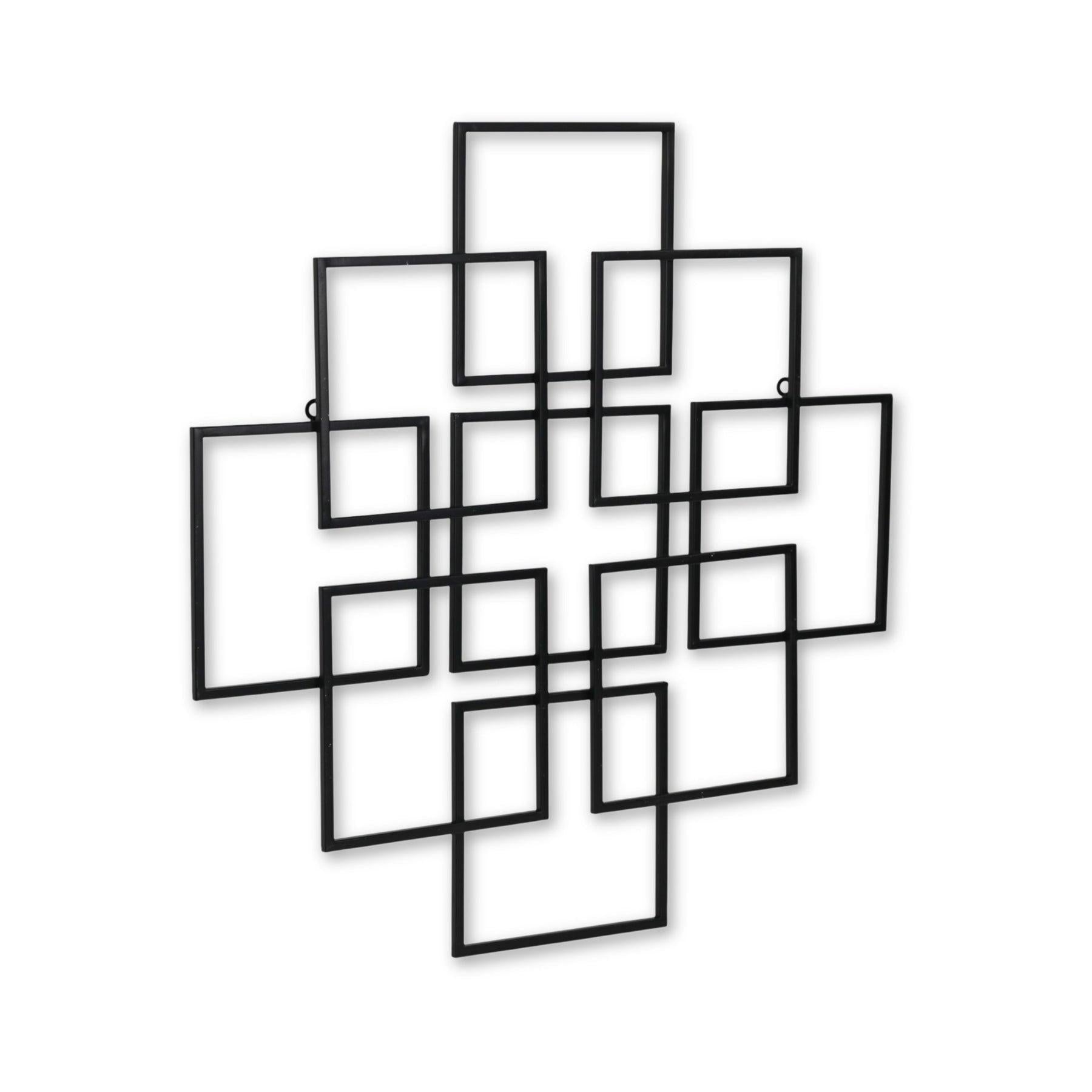 Black metal geometric photo frame display for modern wall decor, featuring multiple rectangular openings.