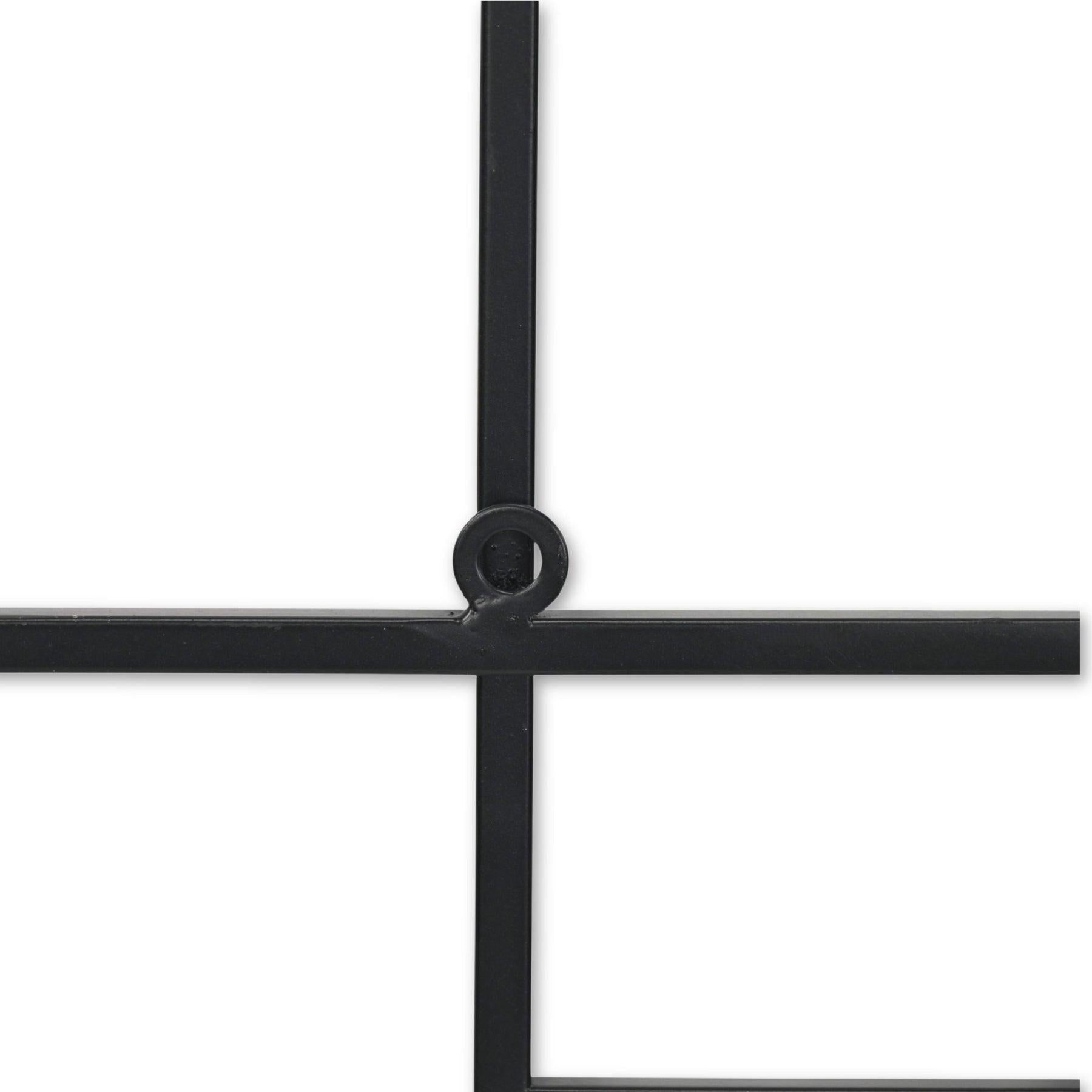 Black metal wall art grid, modern geometric design, suitable for indoor or outdoor decor.