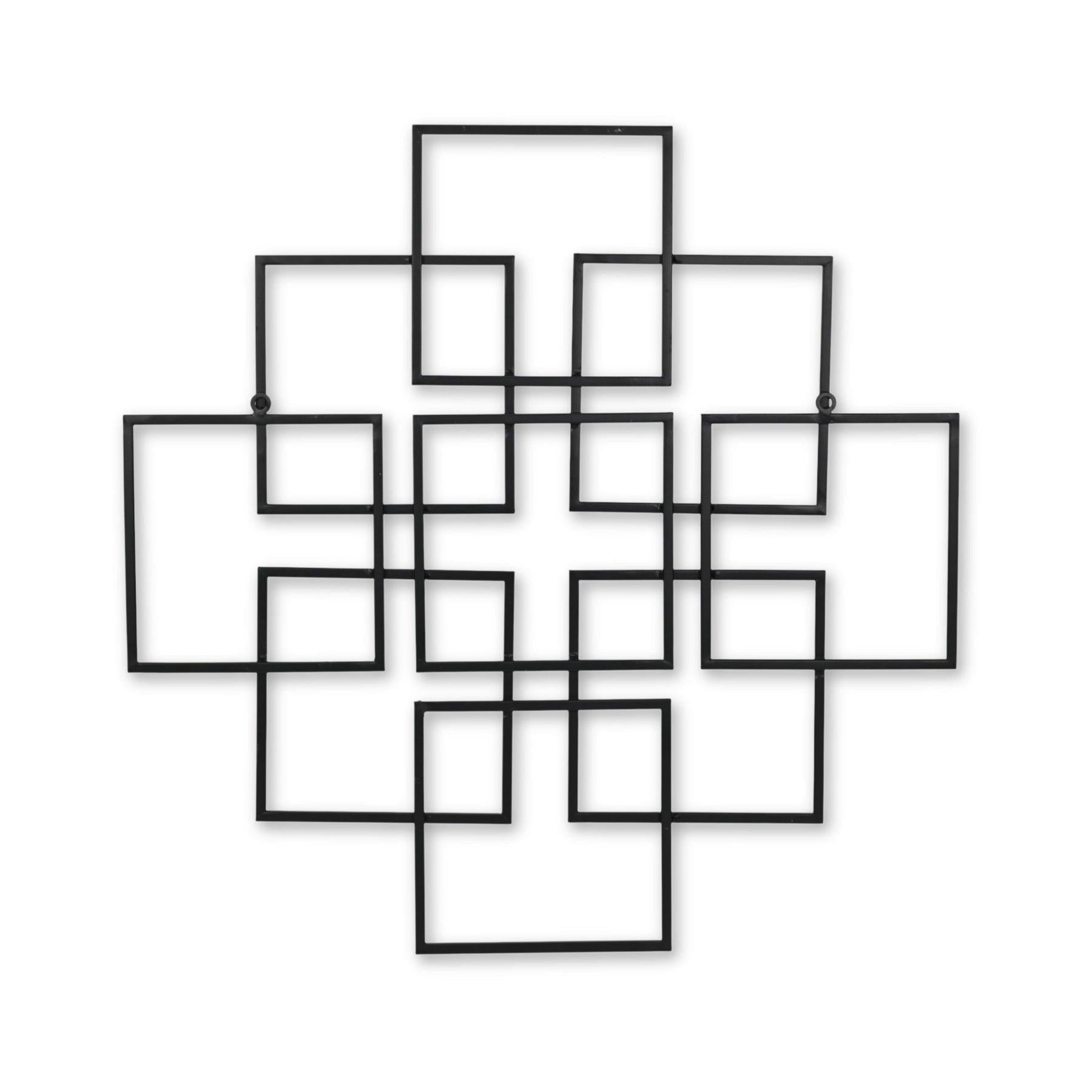 Black metal geometric wall decor with overlapping square frames for modern home aesthetics.