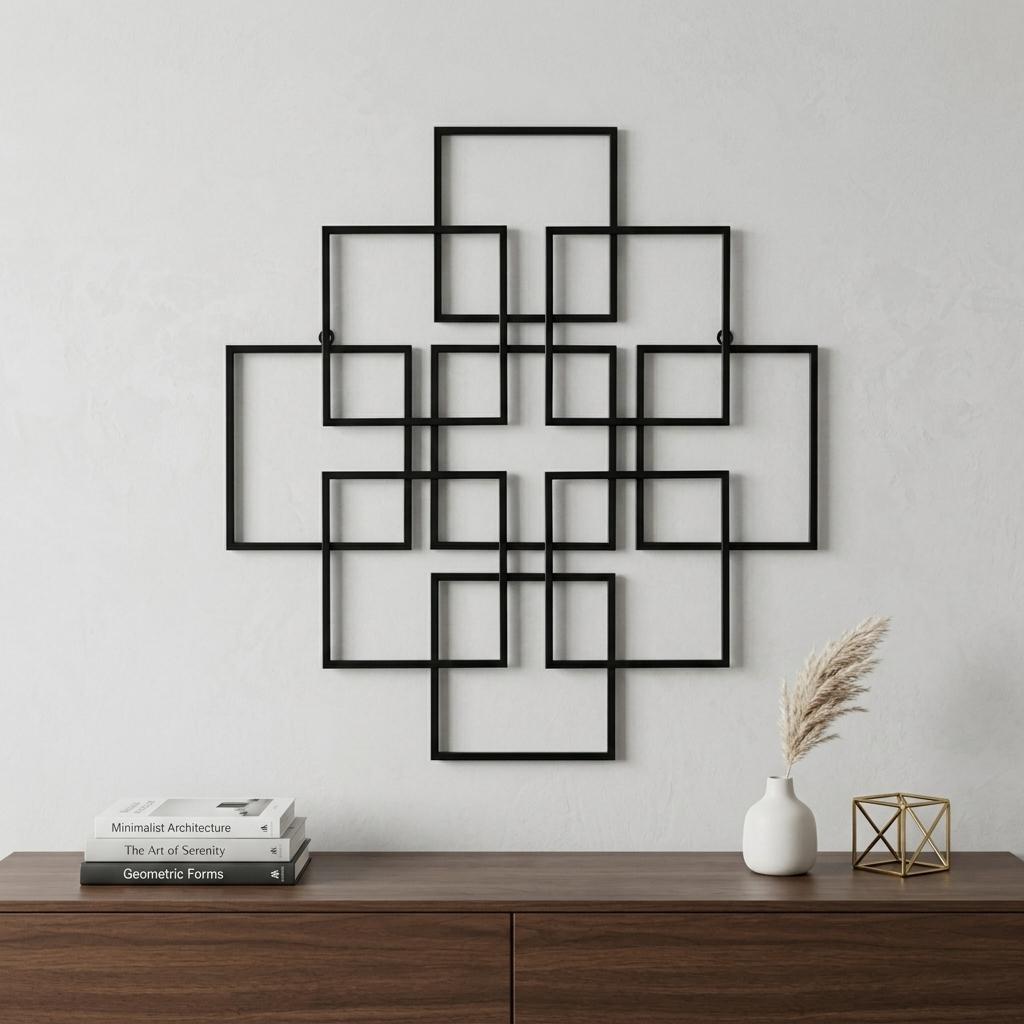 Black metal wall art with geometric frames, perfect for modern decor. Ideal for home or office styling.