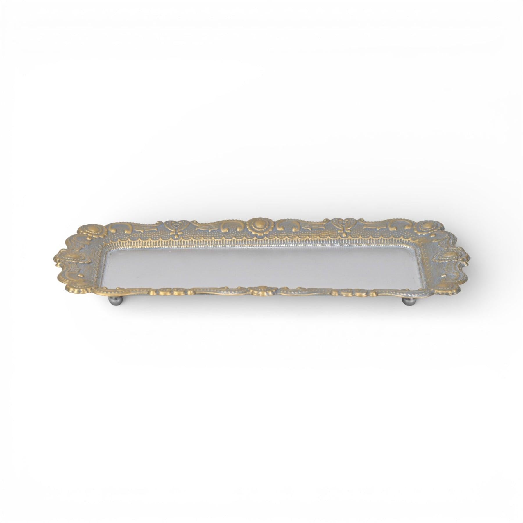 12" Blue Gray Silver And Gold Metal Handmade Trinket Tray - Kitchen & Dining