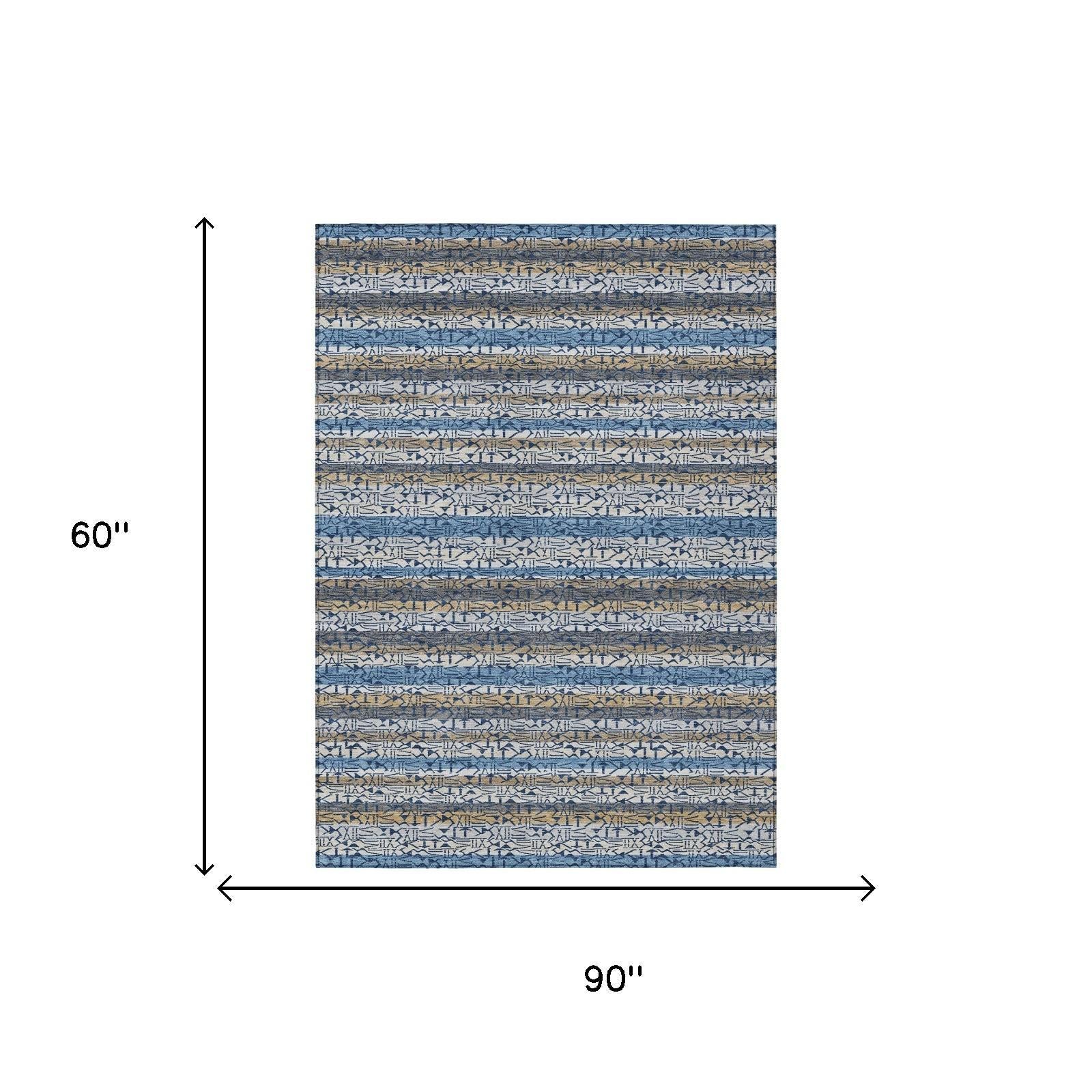 5' X 8' Blue And Silver Striped Washable Indoor Outdoor Area Rug - Sports & Outdoor