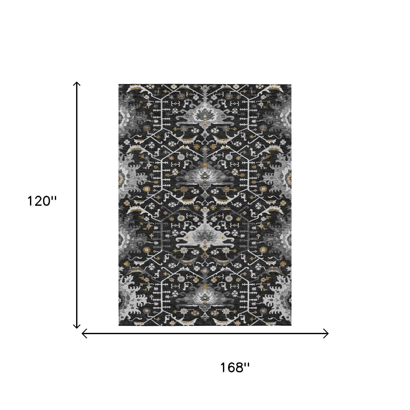 Black and gold geometric area rug, 120" x 168", made of durable synthetic fibers, perfect for modern decor.