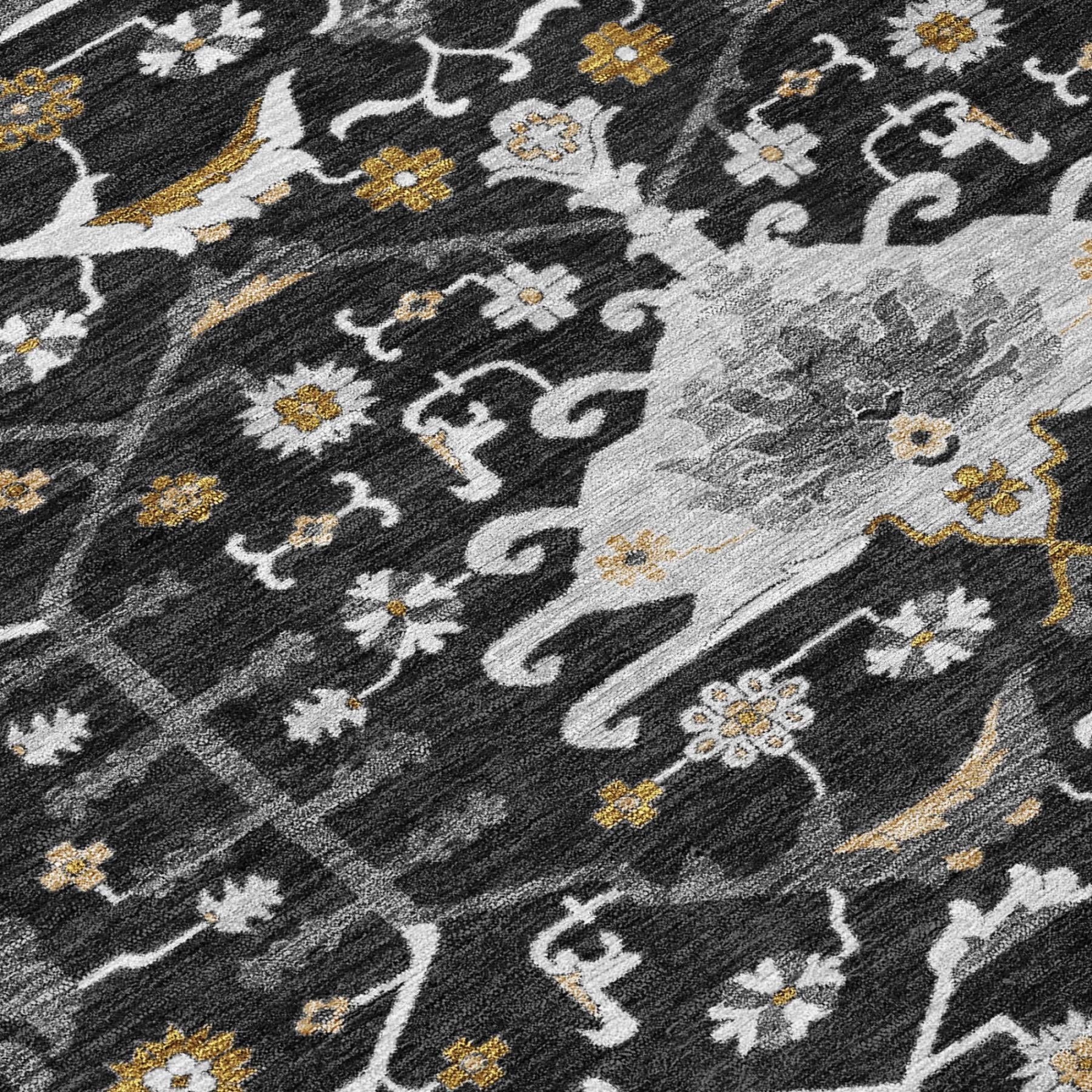 Gray and white vintage style area rug with floral patterns and gold accents, perfect for modern home decor.