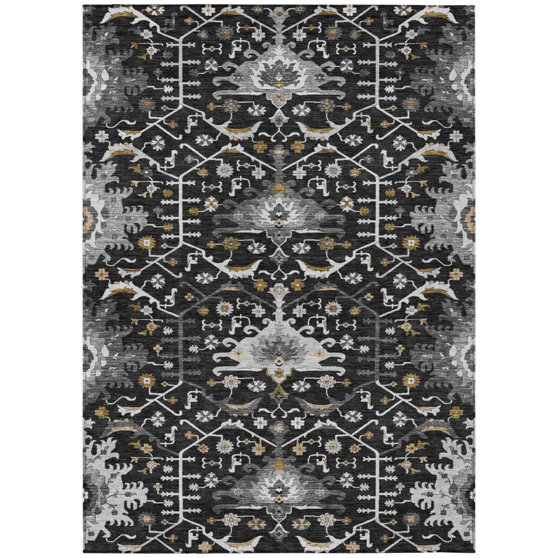 Black and gray vintage-style area rug with intricate white and gold geometric patterns. Durable, elegant home decor.