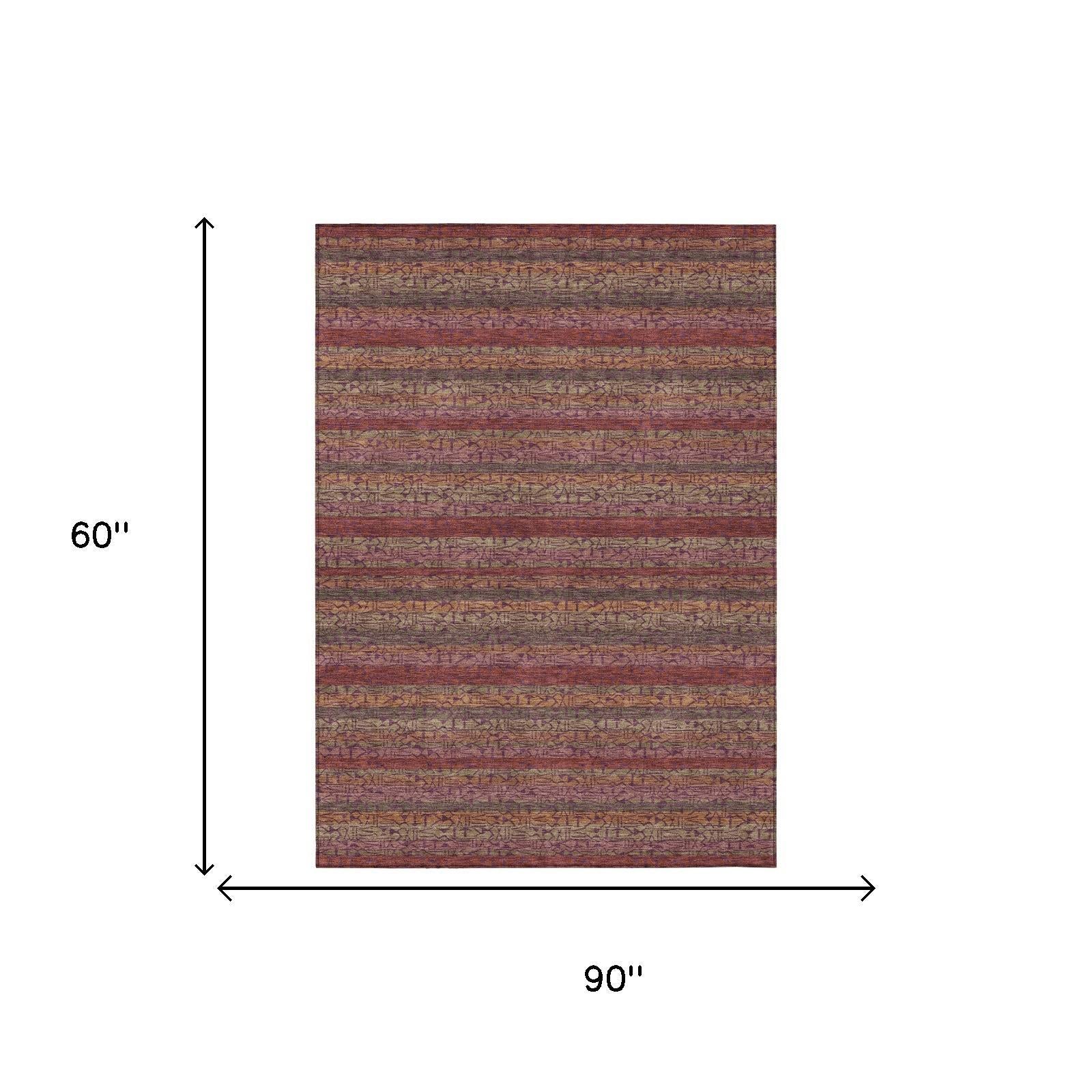 5' X 8' Burgundy And Red Striped Washable Indoor Outdoor Area Rug - Sports & Outdoor