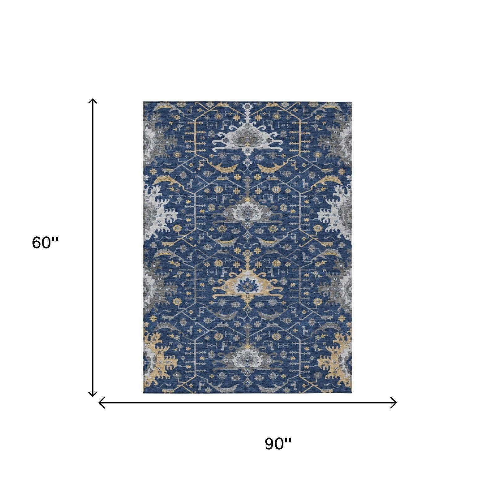 5' X 8' Navy Blue And Blue Oriental Washable Indoor Outdoor Area Rug - Outdoor | blocked-missing-media,…