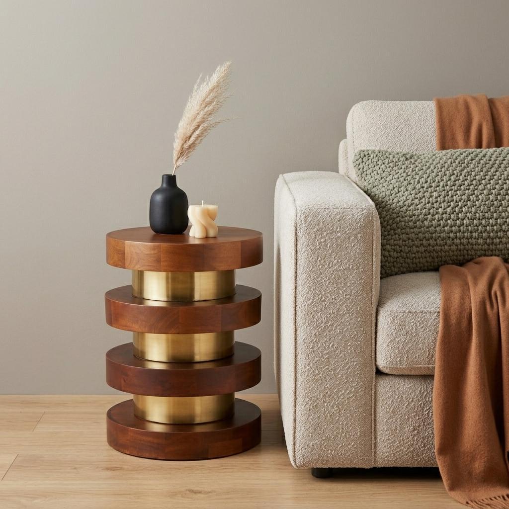 20" Brown and Gold Solid Wood and Iron Round Pedestal End Table - Living Room
