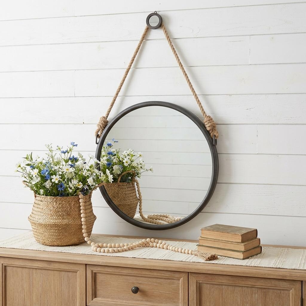 Black and Silver Round Accent Metal Mirror - Bed & Bath