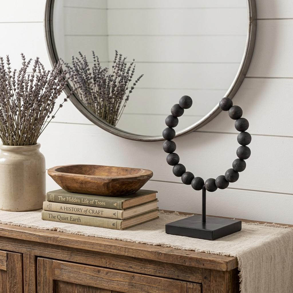 12" Black Wood and Metal Abstract Beaded Tabletop Sculpture - Home & Garden