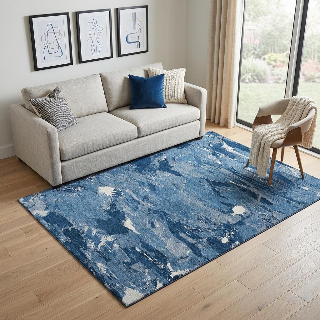 5' X 8' Navy Blue And Ivory Abstract Washable Area Rug With UV Protection - Home & Garden