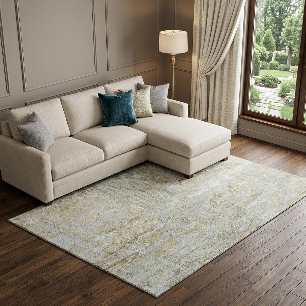10' X 14' Khaki And Silver Abstract Washable Area Rug With UV Protection - Home & Garden